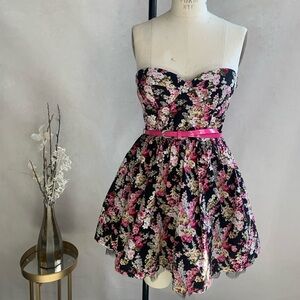 Floral Strapless Dress with Pink Belt